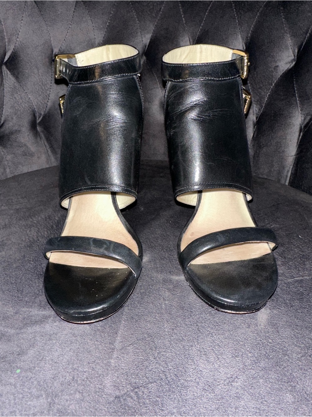 Michael Kors Asta Black Leather Open-Toe Ankle Strap Heels with Gold Buckles - Picture 4 of 7